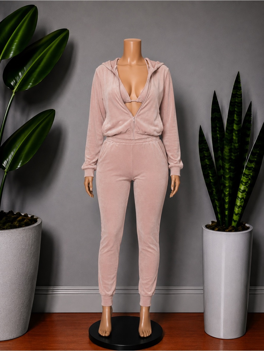 Women's Plush Zip-Up Hoodie & Jogger Set - Blush